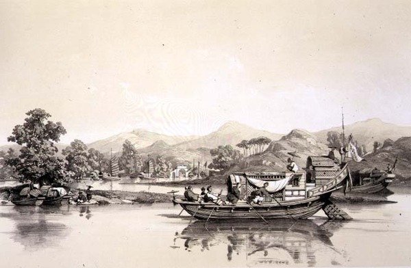 Tchynay ve Kanton Gümrükleri arasında Çin Feribot Teknesi, Eugene Ciceri (1813-90) 1842 (renkli lito) tarafından oyulmuş 