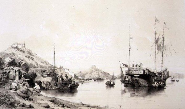 Gelgitte Makao Sahili, Eugene Ciceri (1813-90) 1842 (renkli lito) tarafından oyulmuş 