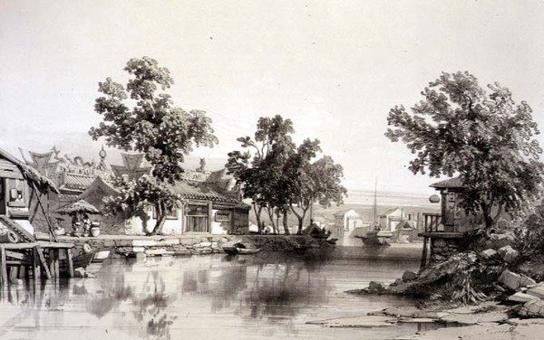 Honan Tapınağı ve Kanalı, Eugene Ciceri (1813-90) 1842 (renkli taş) tarafından oyulmuş 