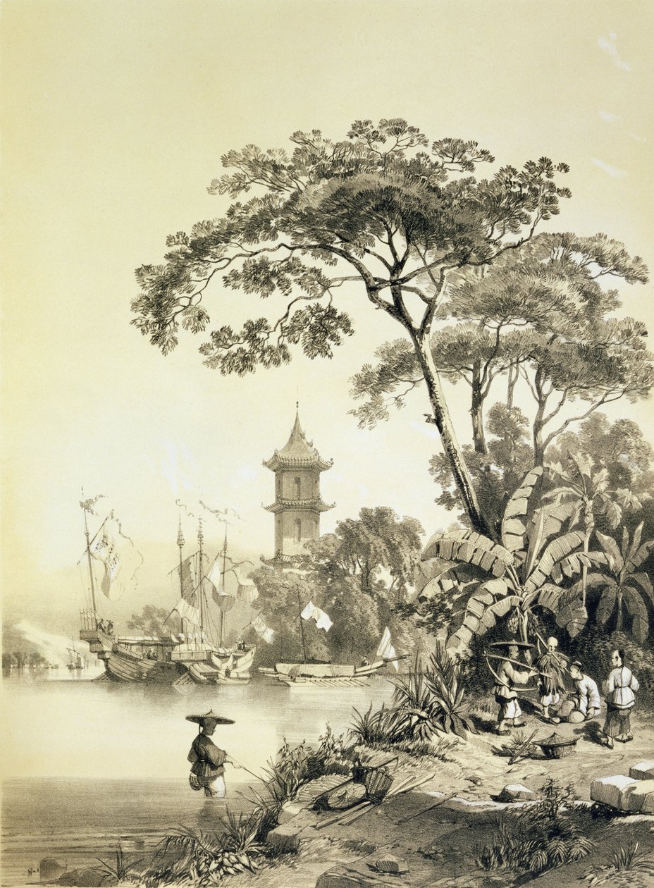 Makao-Kanton Kanalı üzerinde bir Pagoda, Eugene Ciceri (1813-90) 1842 (renkli lito) tarafından oyulmuş 