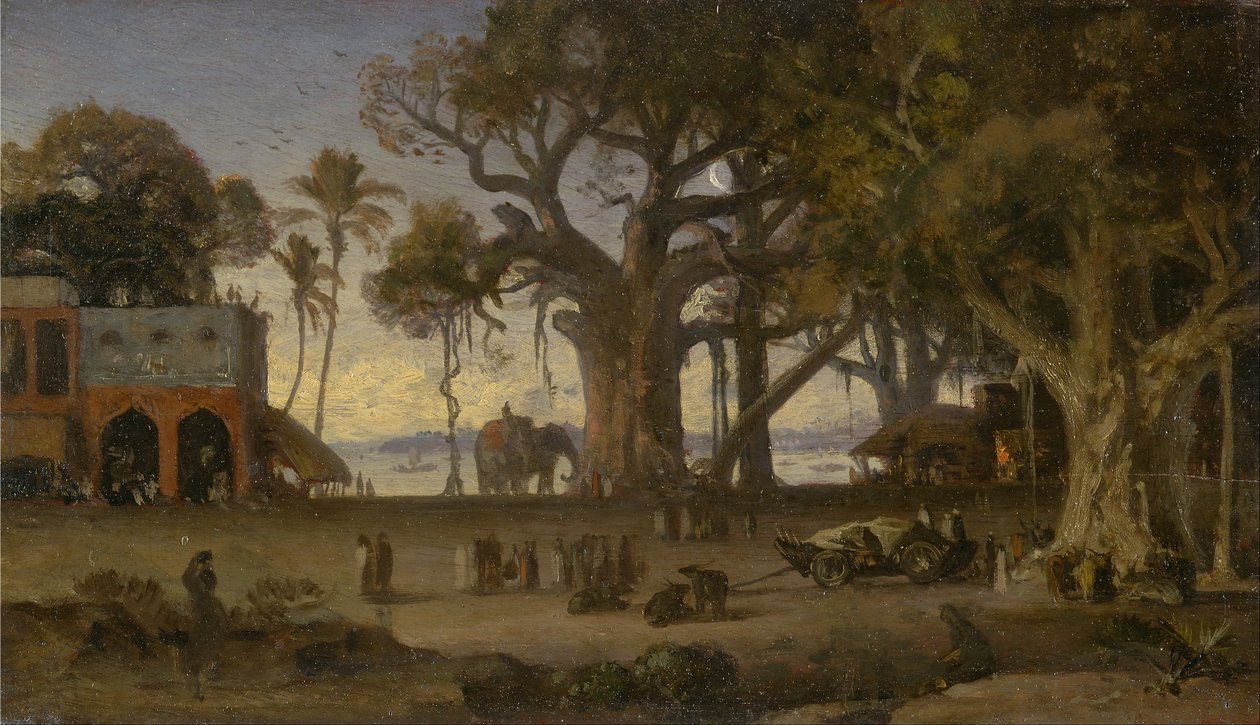 Yukarı Hindistan, Banyan Ağaçları Arasında Hint Figürleri ve Fillerin Mehtaplı Sahnesi (muhtemelen Lucknow) by Auguste Borget