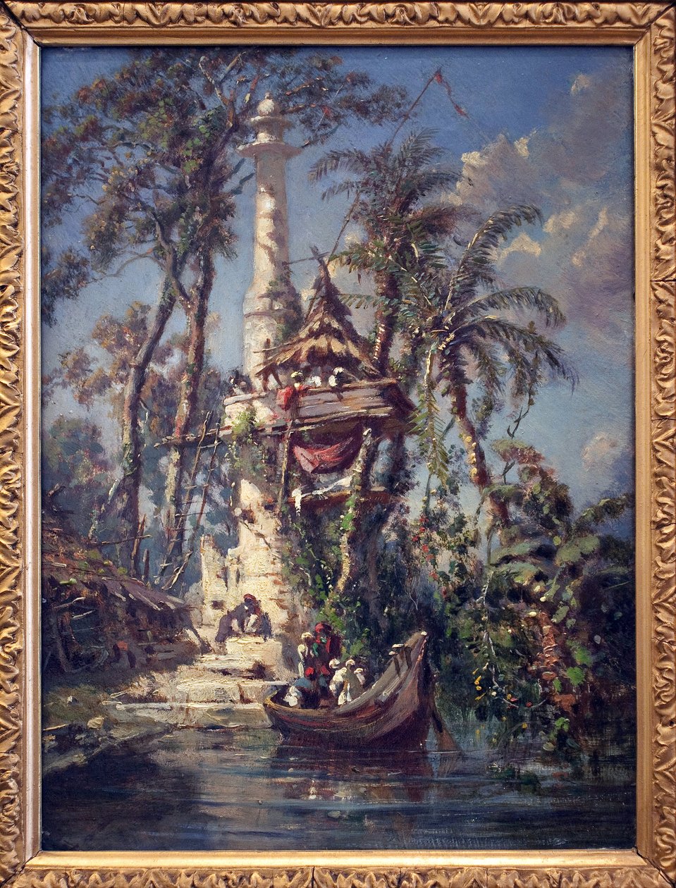 Hoogly Nehri kıyısındaki gözlemevi (Bengal, Hindistan). Auguste Borget (1808-1877) tarafından yapılan boyama, maun ağacı üzerine yağlı boya by Auguste Borget