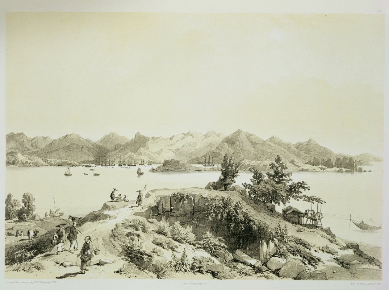 Hong Kong Körfezi ve Adası, Eugene Ciceri (1813-90) 1842 (renkli taş) tarafından oyulmuş 'Çin Eskizlerinden' 4. plaka by Auguste Borget