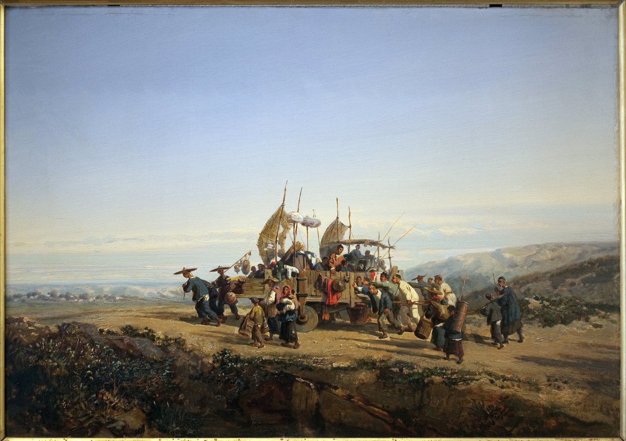 Gezginler yelkenli bir araba kullanır ve erkekler tarafından ateş edilir. Auguste Borget tarafından boyama by Auguste Borget