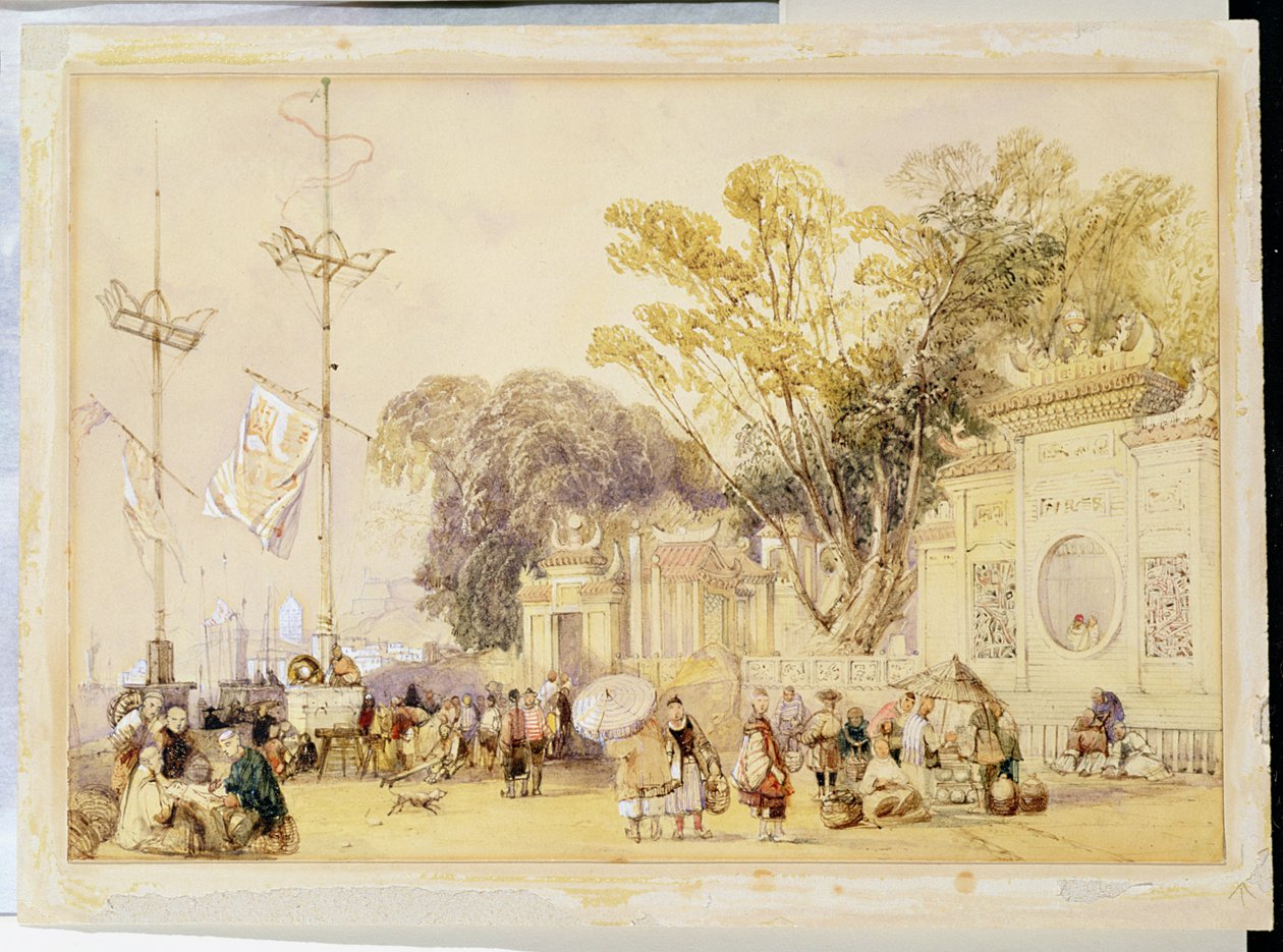 Hong Kong Körfezi'ndeki Köy Meydanı, Eugene Ciceri (1813-90) 1842 (renkli taş) tarafından oyulmuş 'Çin Eskizlerinden' 5. plaka by Auguste Borget