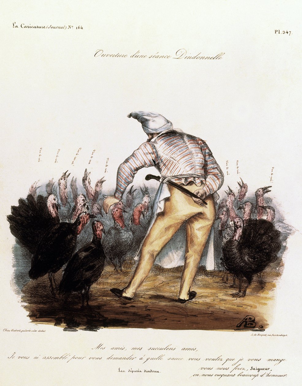 Louis Philippe başında bir gece şapkasıyla, etrafı hindilerle çevrili by Auguste Bouquet
