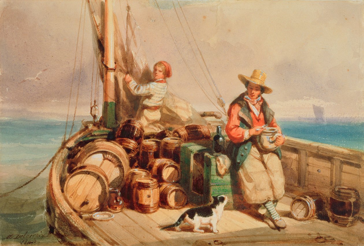 Teknede İki Figür, 1843 (kağıt üzerinde wc) by Auguste Delacroix