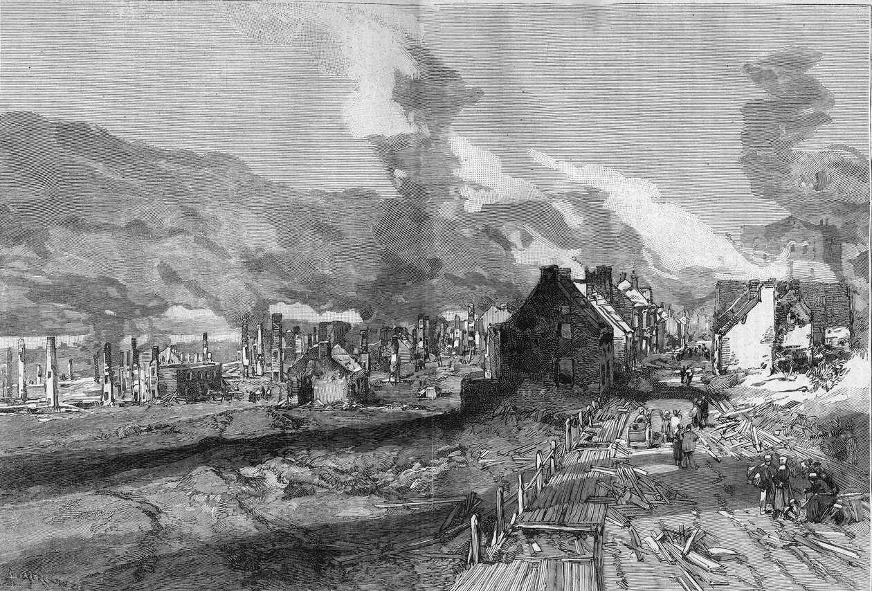 Haziran 1881 yangınından sonra Quebec City (Kanada) harabelerinin görünümü. Lepere tarafından yapılan gravür, "" The Illustrous World", n°1267, 9 Temmuz by Auguste Lepere
