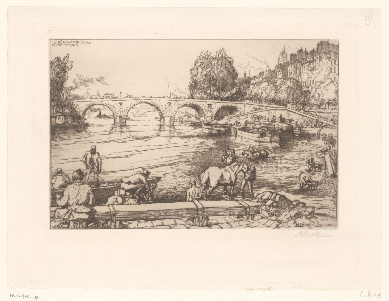 Seine L'Abreuvoir au pont Marie, Paris'te rakamlarla Pont Marie'nin görünümü (nesne üzerindeki başlık) by Auguste Lepère (signed by artist)