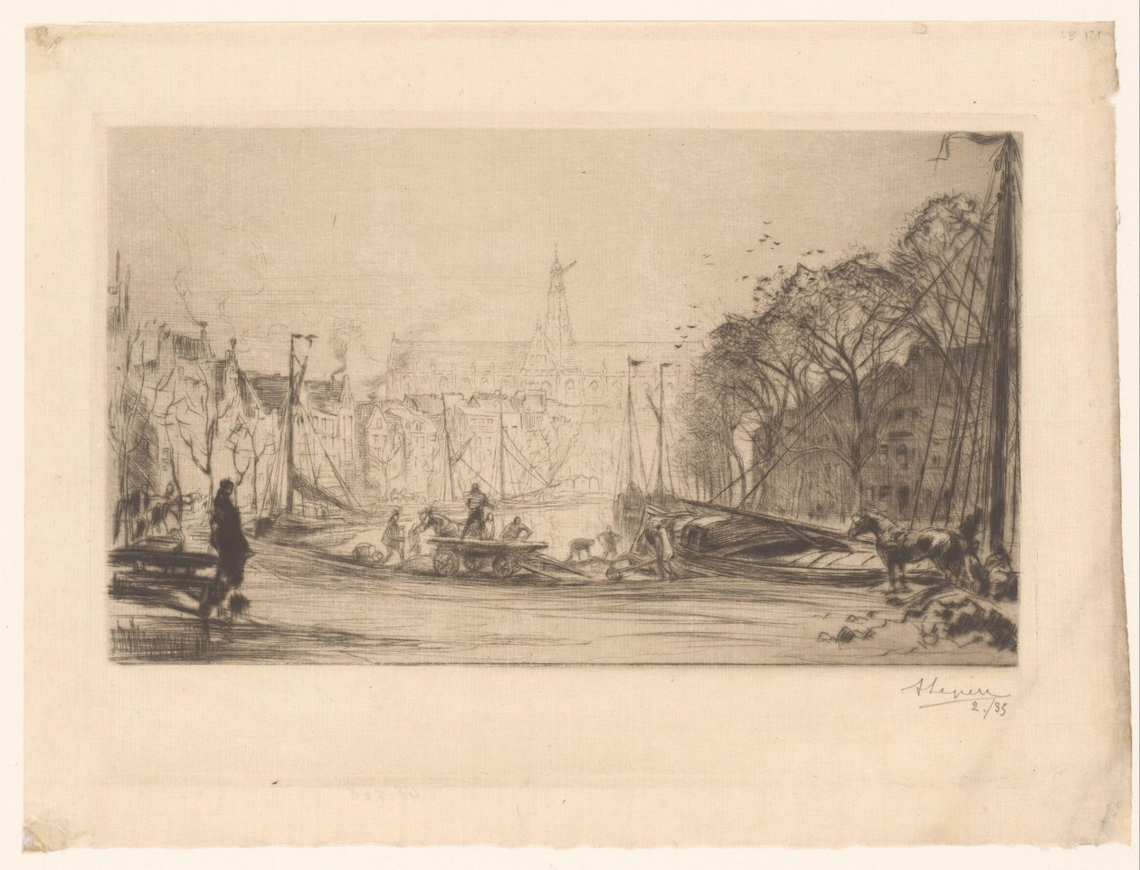 Spaarne ve St Bavo'nun görünümü by Auguste Lepère (signed by artist)