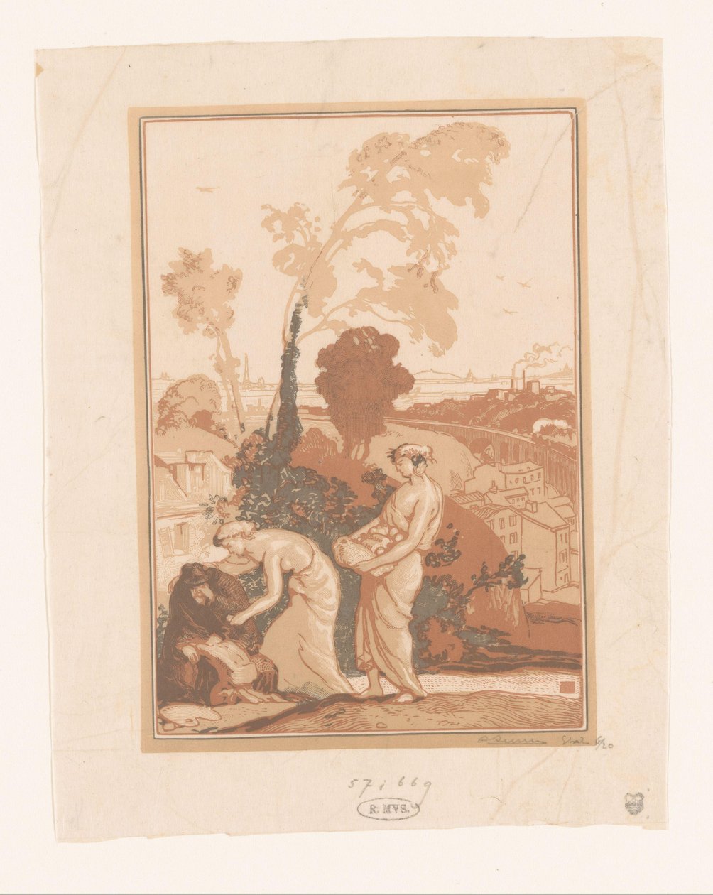 Müzik ve Şiir, sanatçıya yardım ediyor La Musique et la Poesie secourant les Artistes by Auguste Lepère (signed by artist)