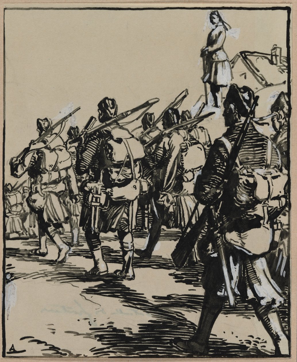 Sınırlar Savaşı: Bir grup İngiliz askeri, 1914. by Auguste Louis Lepère