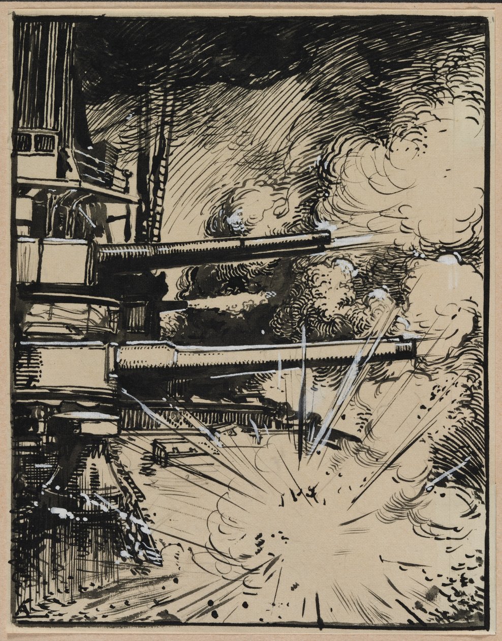 Toplar hedeflenmiş bir zırh üzerinde patlayan bomba, 1914. by Auguste Louis Lepère