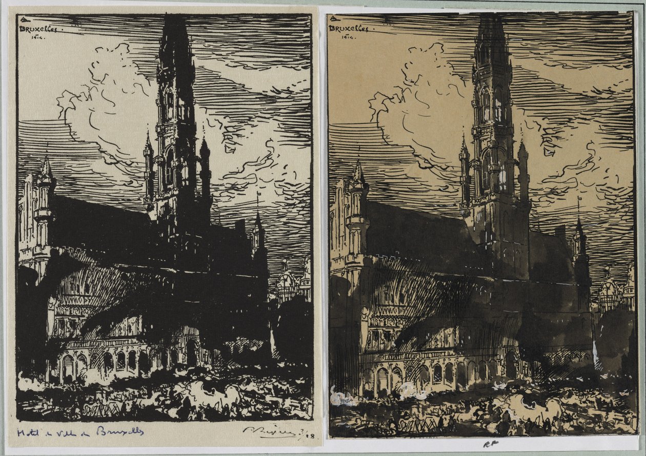 Brüksel Belediye Binası yanıyor, 1914. by Auguste Louis Lepère