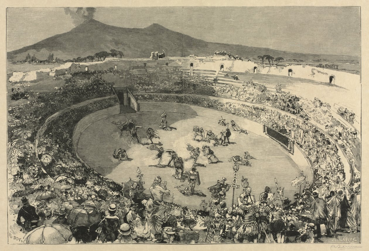 İtalya. Pompei Festivali, Gladyatörlerin sirki by Auguste Louis Lepère