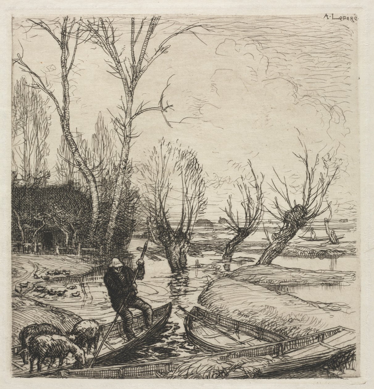 [Üç Koyunlu Teknedeki Adam]. by Auguste Louis Lepère