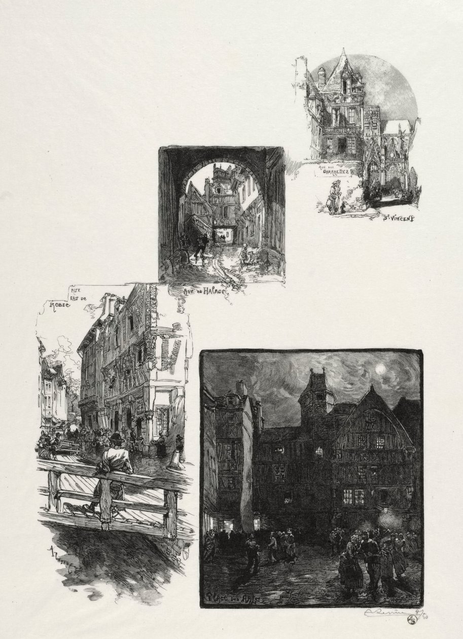 Resimli Rouen: Rue des Charretes; Halaj Caddesi; Rue Eau de Robec; Sanat Meydanı by Auguste Louis Lepère