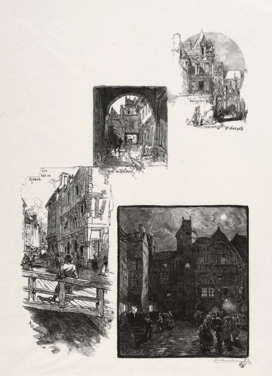 Resimli Rouen: Rue des Charretes, Rue de Halage, Rue Eau de Robec, Place des Arts, 1896. by Auguste Louis Lepère
