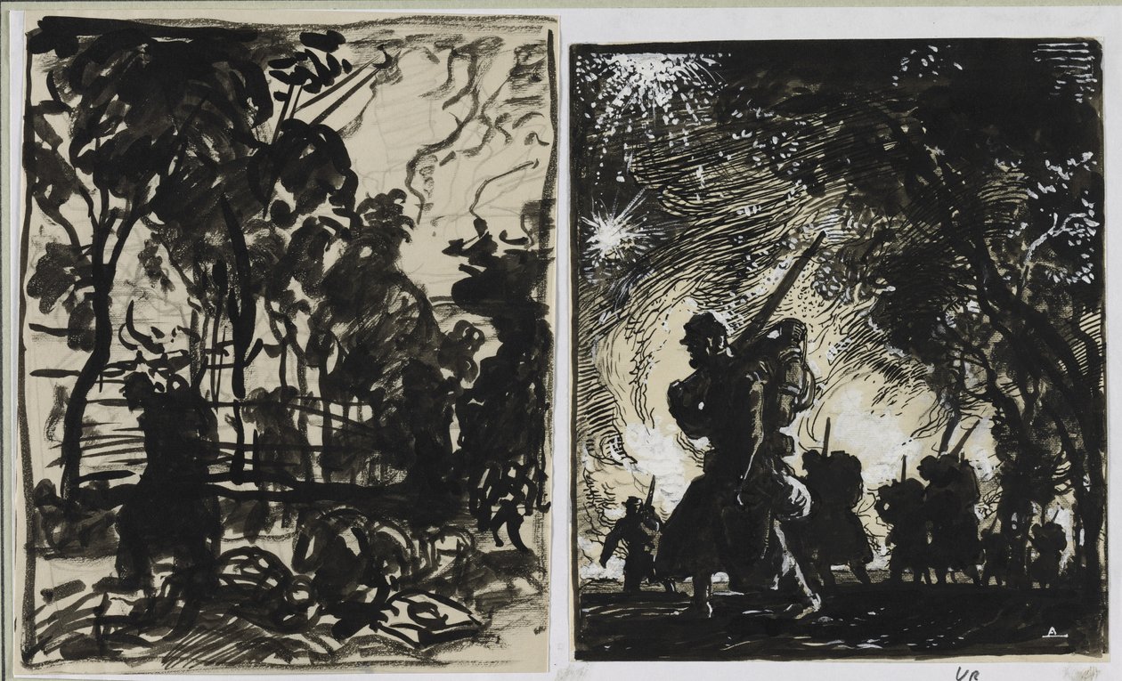 Gece manzarası, bir ormanın kenarında devriye, 1914. by Auguste Louis Lepère