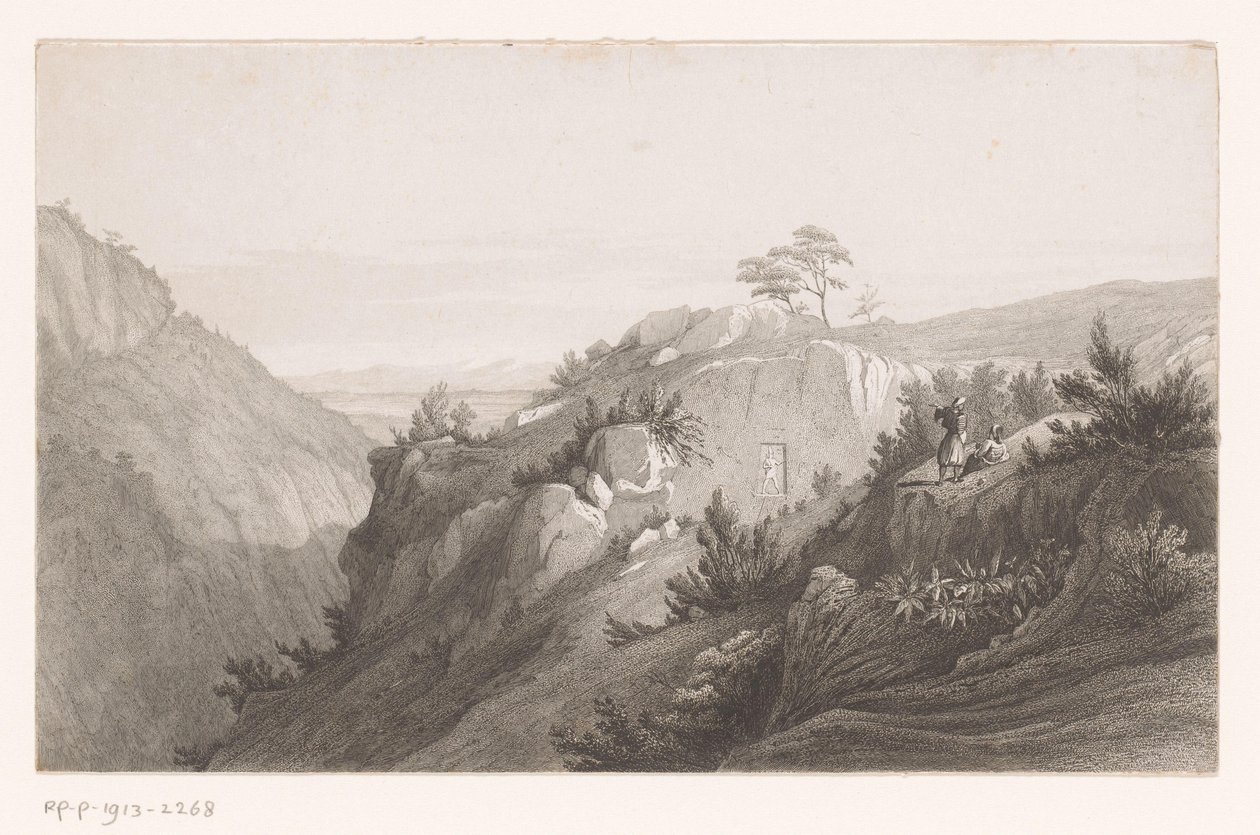 Kayalara oyulmuş bir figürle dağ manzarası by Auguste Numans (attributed to)