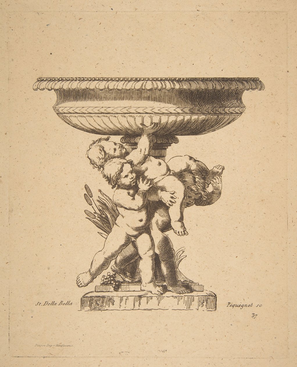 Bir çeşmeyi tutan üç çocuğun süs tasarımı, 19. yüzyıl. by Auguste Pequegnot