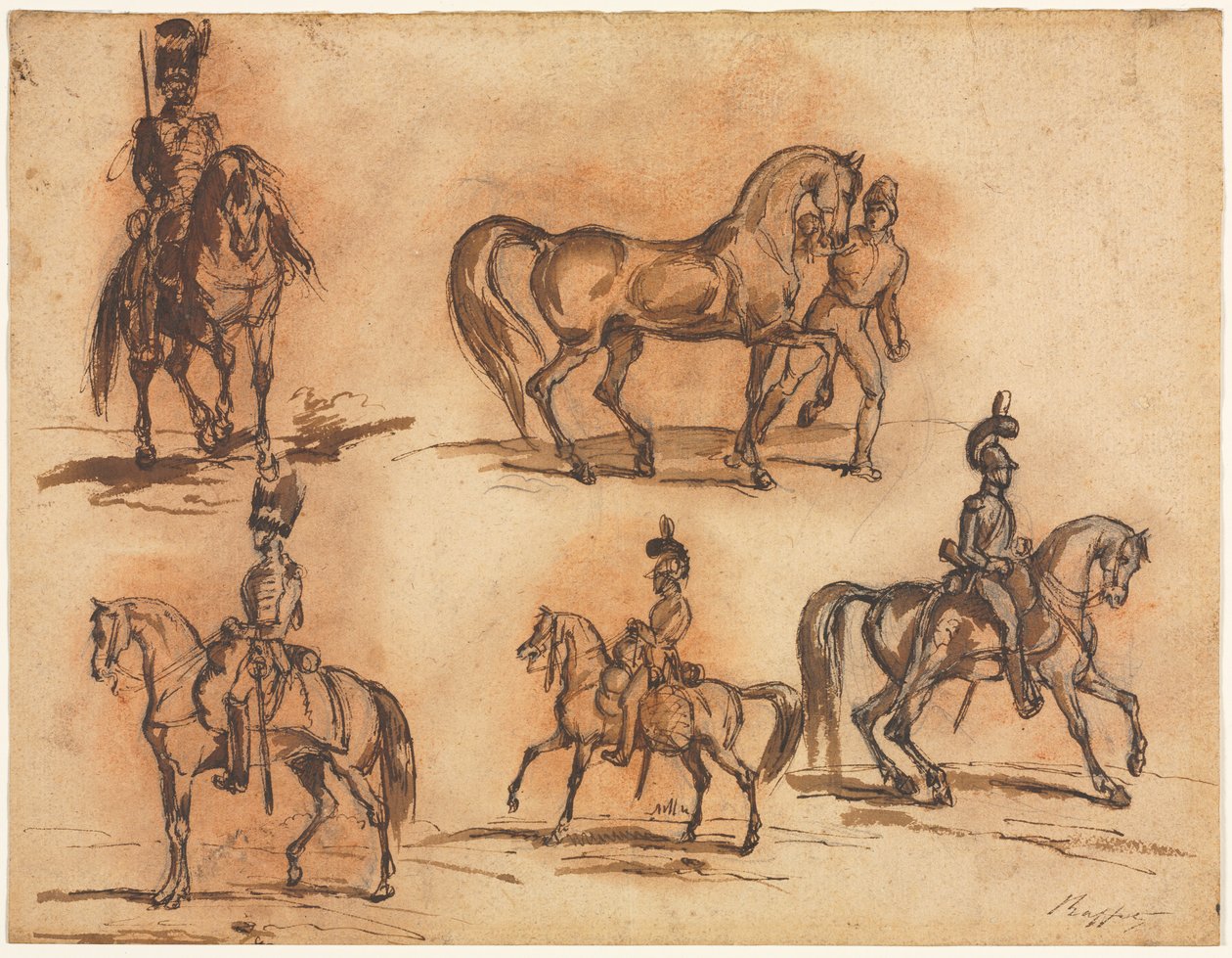 Beş Binicilik Çalışmaları: Süvariler, 19. yüzyılın ortaları. by Auguste Raffet