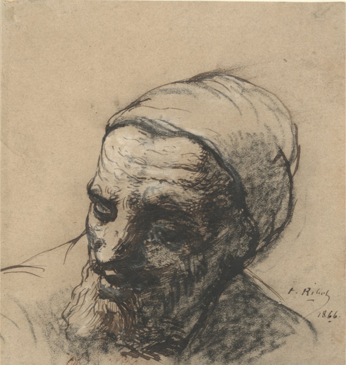 Sakallı ve şapkalı yaşlı bir adamın başı by Auguste Theodule Ribot