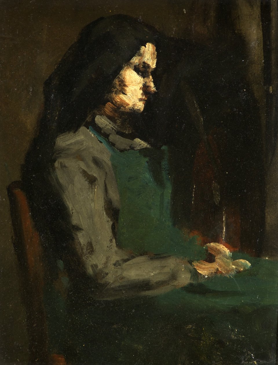 Yeşil Önlüklü Kadın (karton üzerine yağlı boya) by Auguste Theodule Ribot