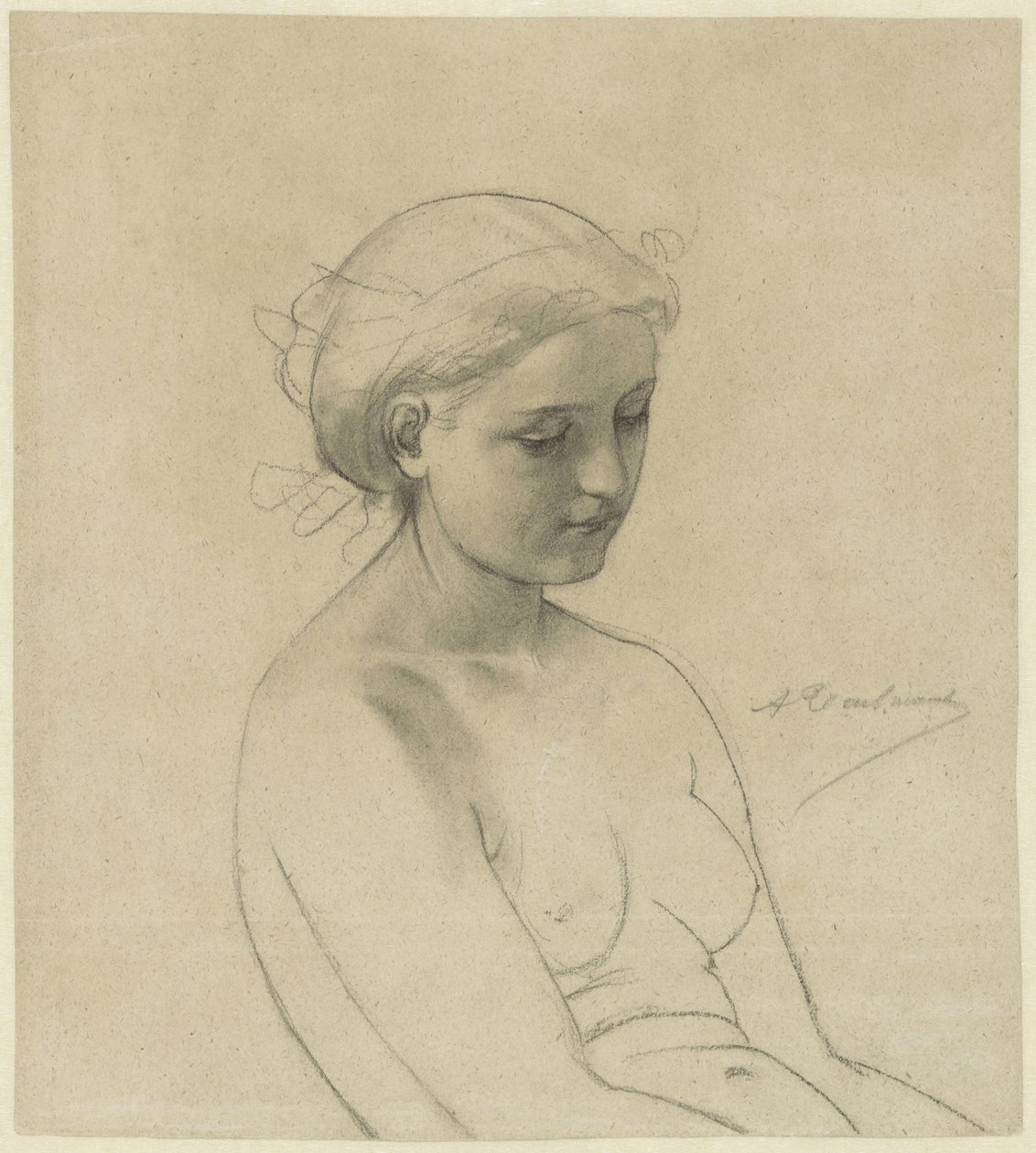 Oturan çıplak kadın, dörtte üçü sağa, yarım uzunlukta by Auguste Toulmouche