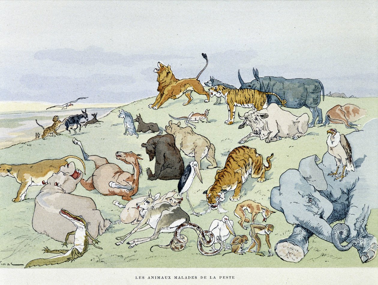 Veba hastası hayvanlar - “” Les Fables de la Fontaine” de, hasta. Auguste Vimar (1851-1916), Tours, A, Mame & Son'da by Auguste Vimar
