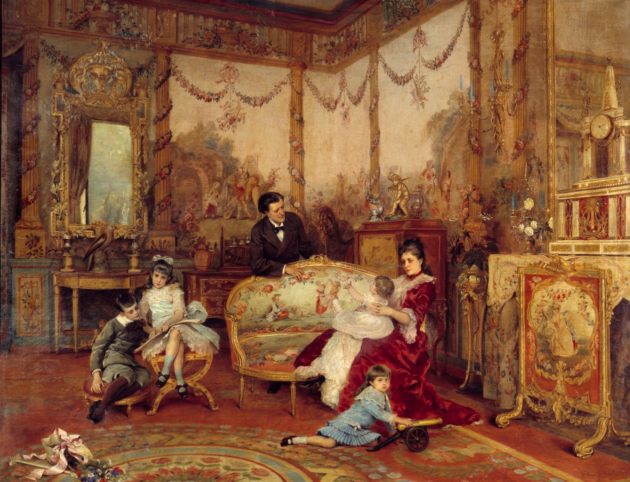Viktorya dönemi Sardou (1831 - 1908), oyun yazarı ve çocukları. Şöminenin önünde şömineli bir oturma odasının içinden görünüm. Auguste La Brely