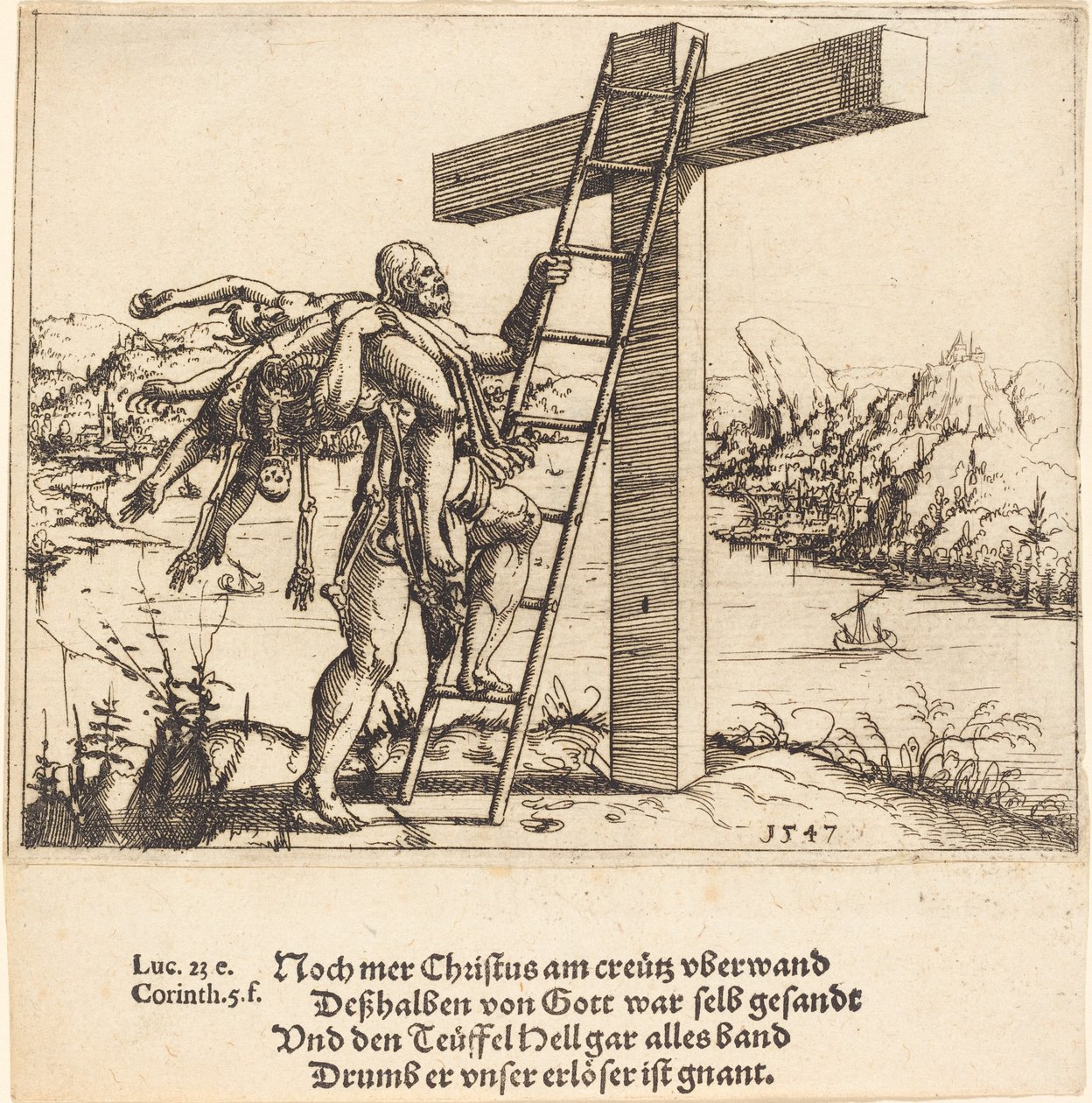 Günah, Ölüm ve Şeytan ile Haç Üzerinde Yükselen Mesih, 1547. by Augustin Hirschvogel