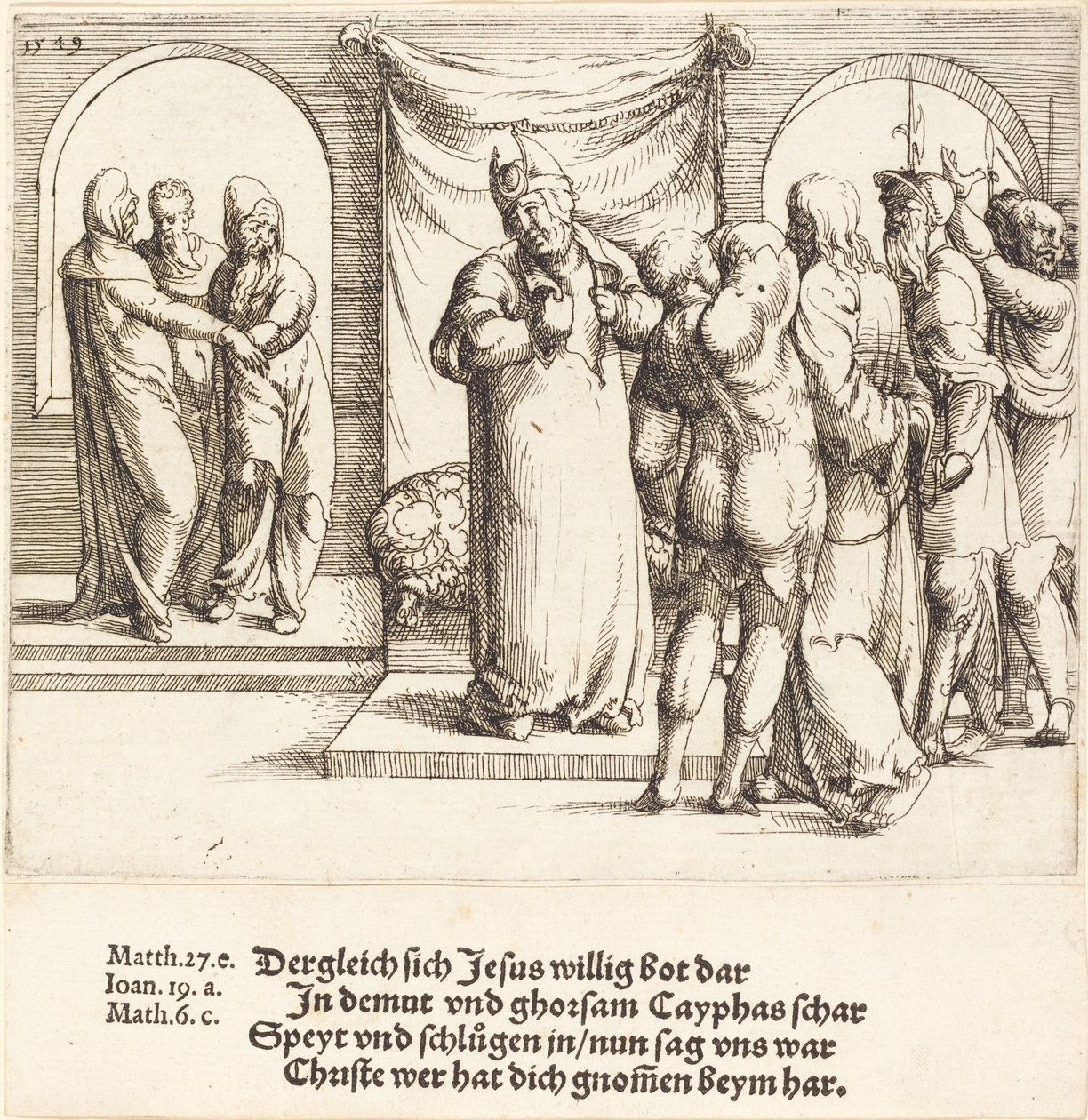 Mesih Alay Edilir ve Caiaphas Giysilerini Yıkar, 1549. by Augustin Hirschvogel