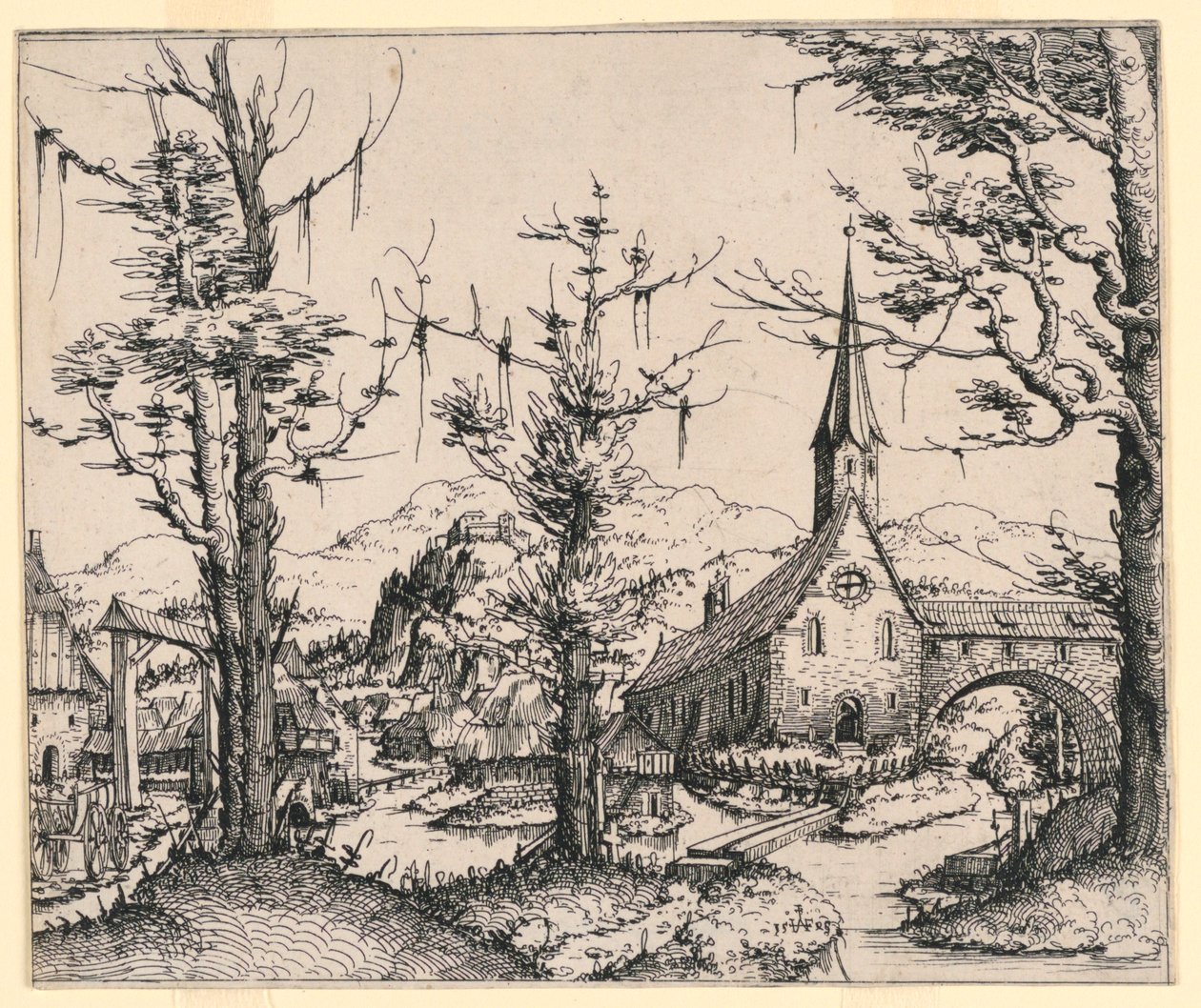 Kapalı Bir Köprü Tarafından Yayılan Bir Derenin Yanındaki Kilise by Augustin Hirschvogel
