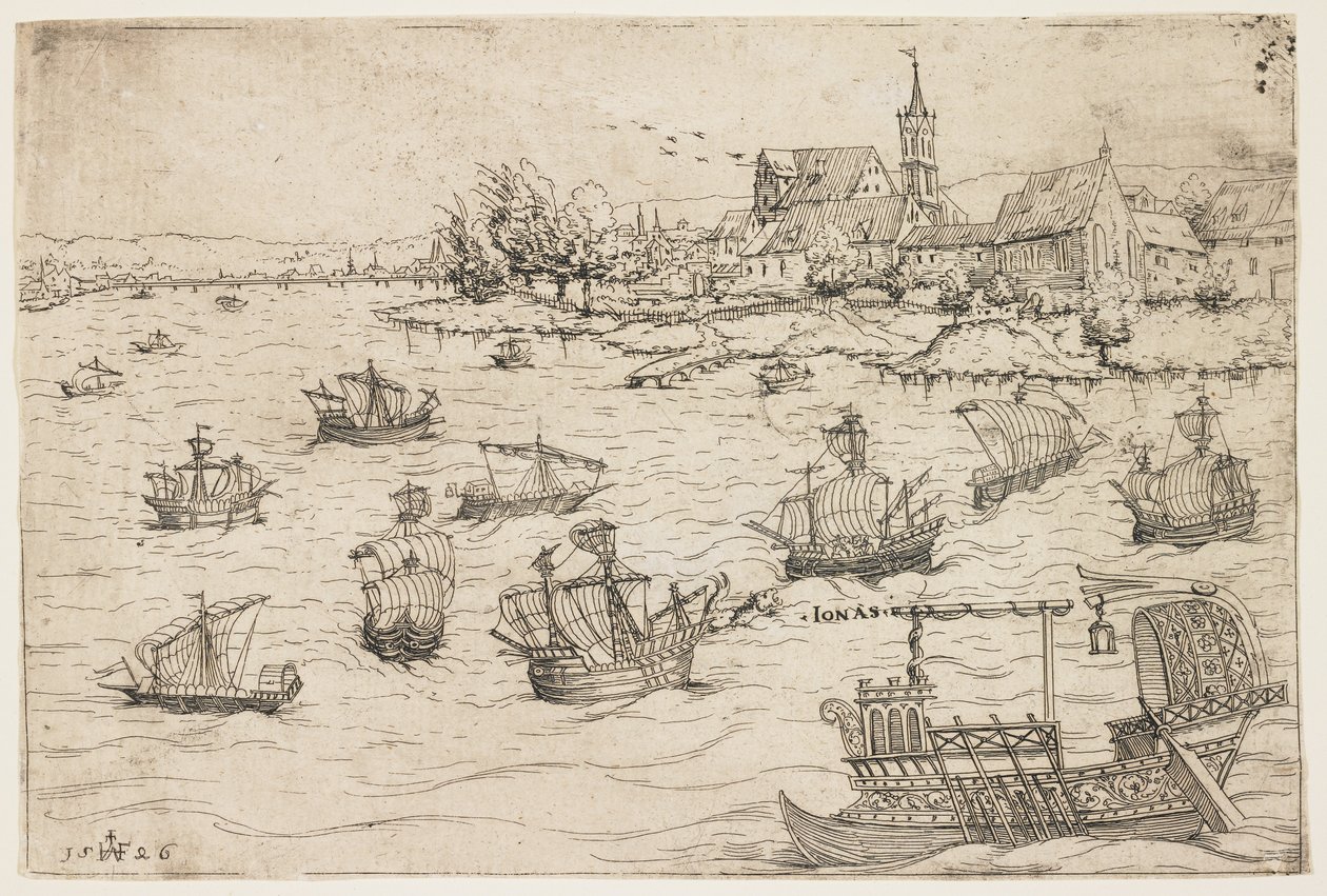 Yelkenli Gemilerle Gölde Yunus ve Balina, 1546 by Augustin Hirschvogel