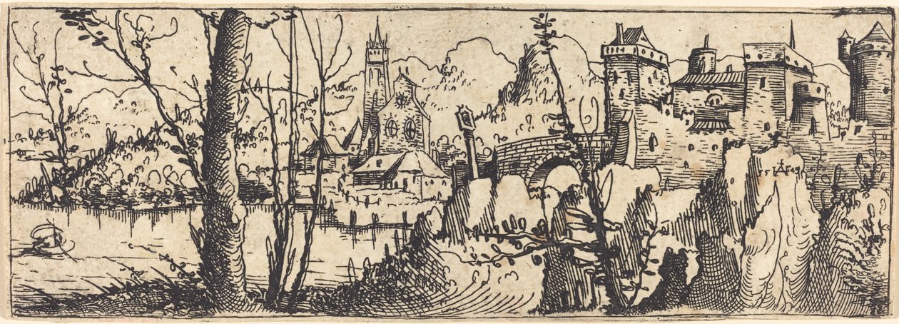 Sağda Kale ile Manzara, Kayalarla çevrili, 1546. by Augustin Hirschvogel