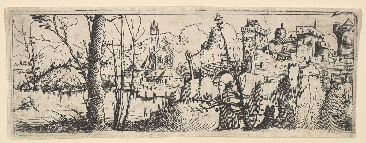 Kale ve Nehir Üzerinde Bir Kilise ile Manzara, 1545. by Augustin Hirschvogel