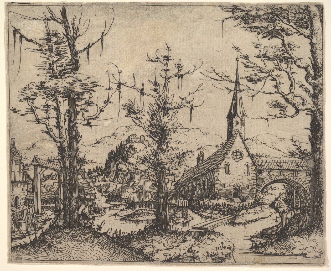 Sağda Dört Ağaçlı ve Kiliseli Manzara, 1545 . by Augustin Hirschvogel