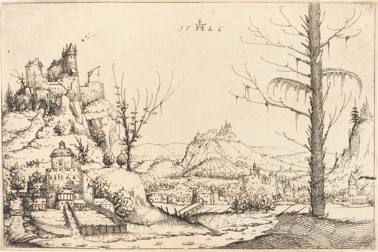 Yüksek Uçurumlar, Nehir ve Şehir ile Manzara, 1546. by Augustin Hirschvogel