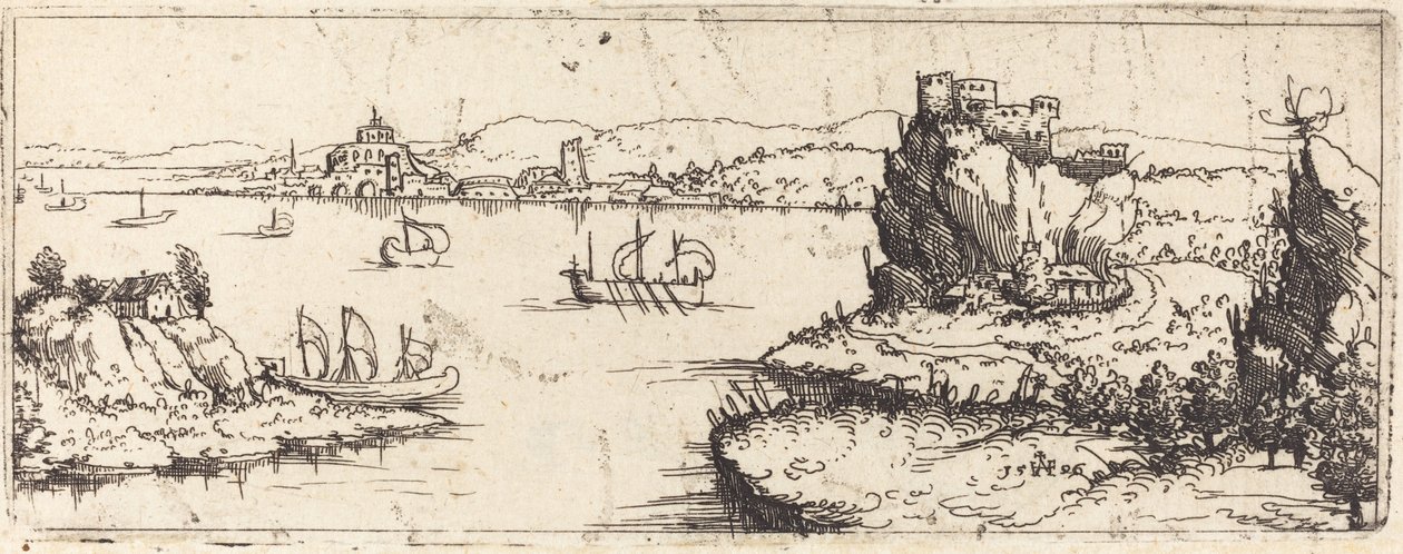 Yelkenli Teknelerle Manzara [alt plaka], 1546. by Augustin Hirschvogel