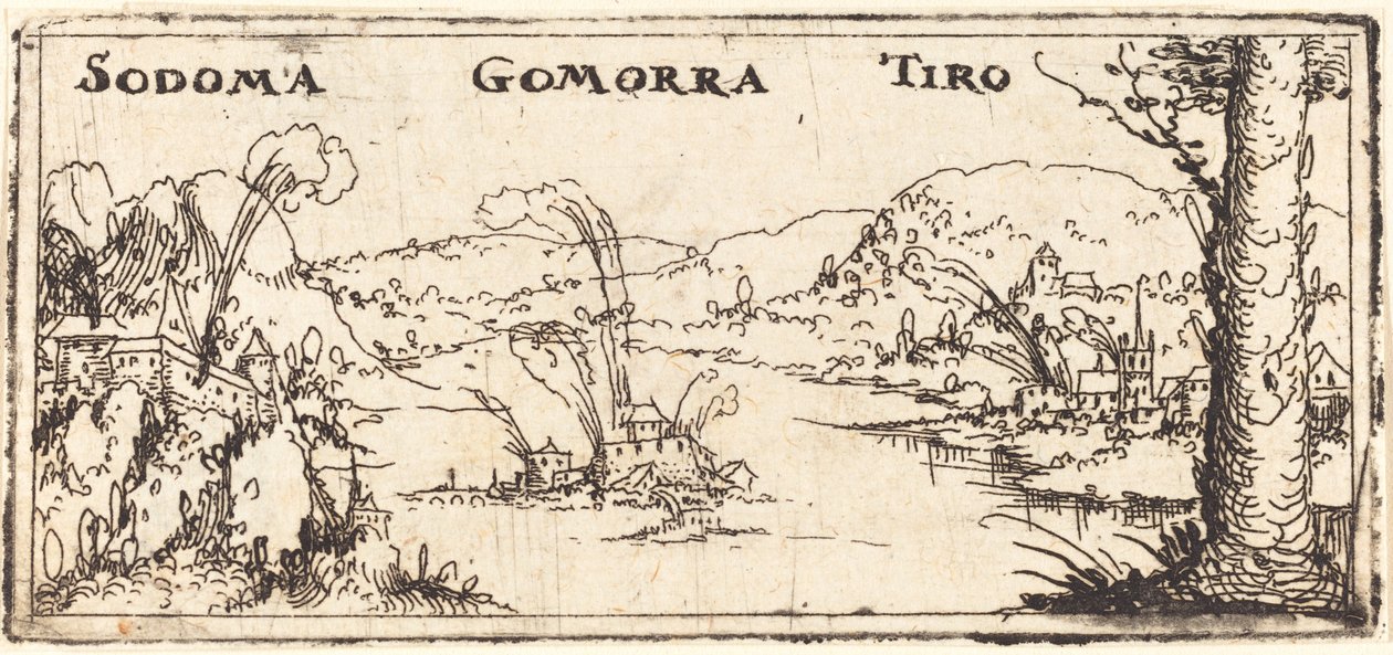 Üç Yanan Şehir ile Manzara: Sodom, Gomorra ve Tyrus by Augustin Hirschvogel