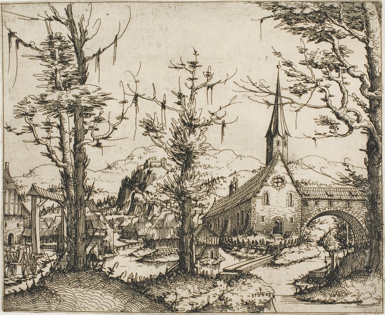Kilise ve Kapalı Köprü ile Peyzaj by Augustin Hirschvogel