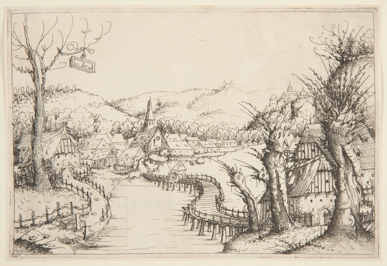 Sargı bir ahşap köprü ile manzara by Augustin Hirschvogel