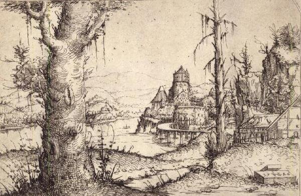 S.9-1993 Kalın bir ağaç ile nehir manzarası by Augustin Hirschvogel