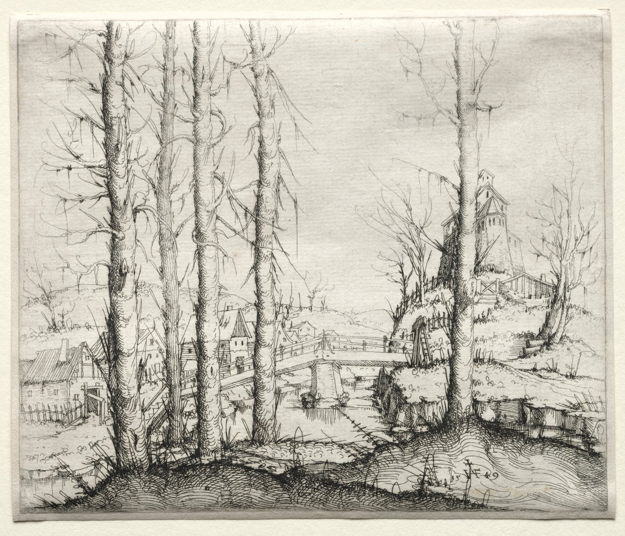 Ön Planda Beş Çıplak Ladin Ağacı ile Nehir Manzarası by Augustin Hirschvogel