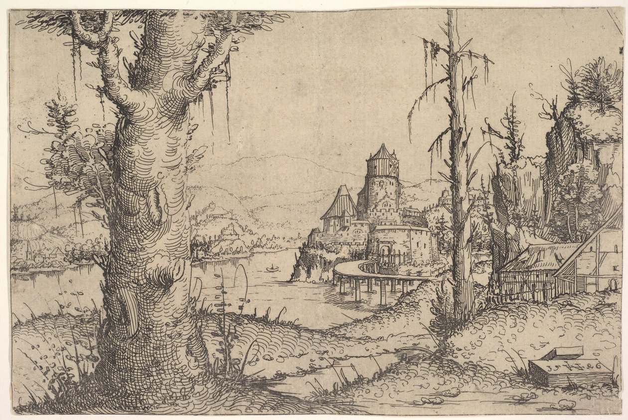 Solda Büyük Ağaçlı Nehir Manzarası, 1546. by Augustin Hirschvogel