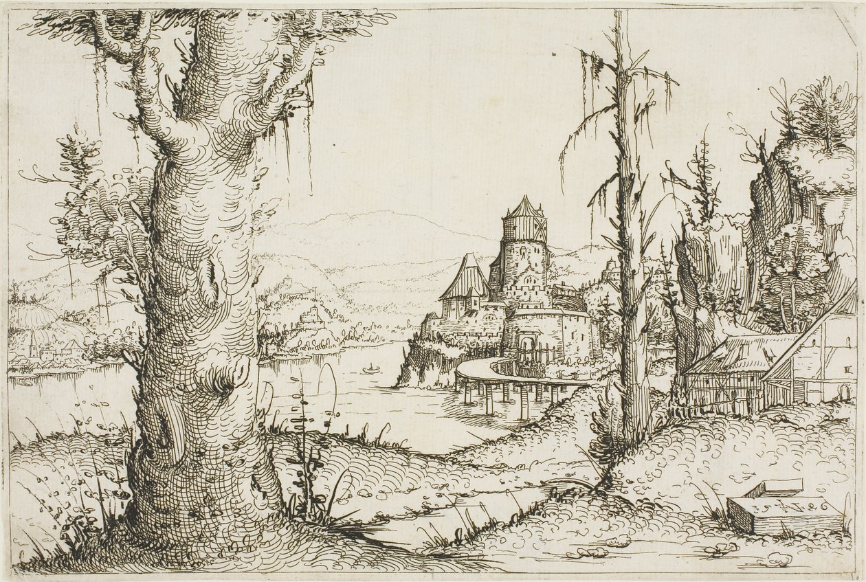 Ön Planda Büyük Ağaçlı Nehir Manzarası by Augustin Hirschvogel