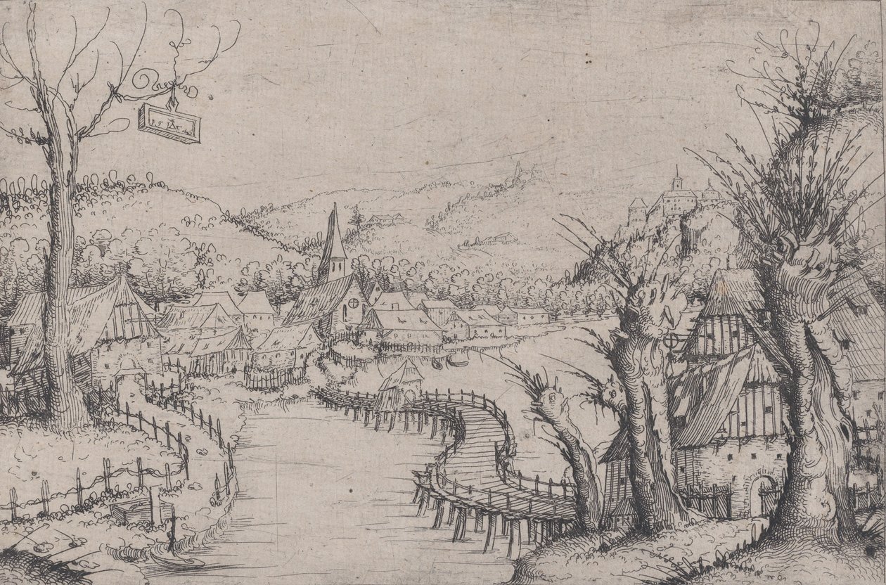 Sağda Üç Çıplak Söğüt Ağacı ve Uzun Sarma Ahşap Köprü ile Nehir Manzarası ..., 1546. by Augustin Hirschvogel