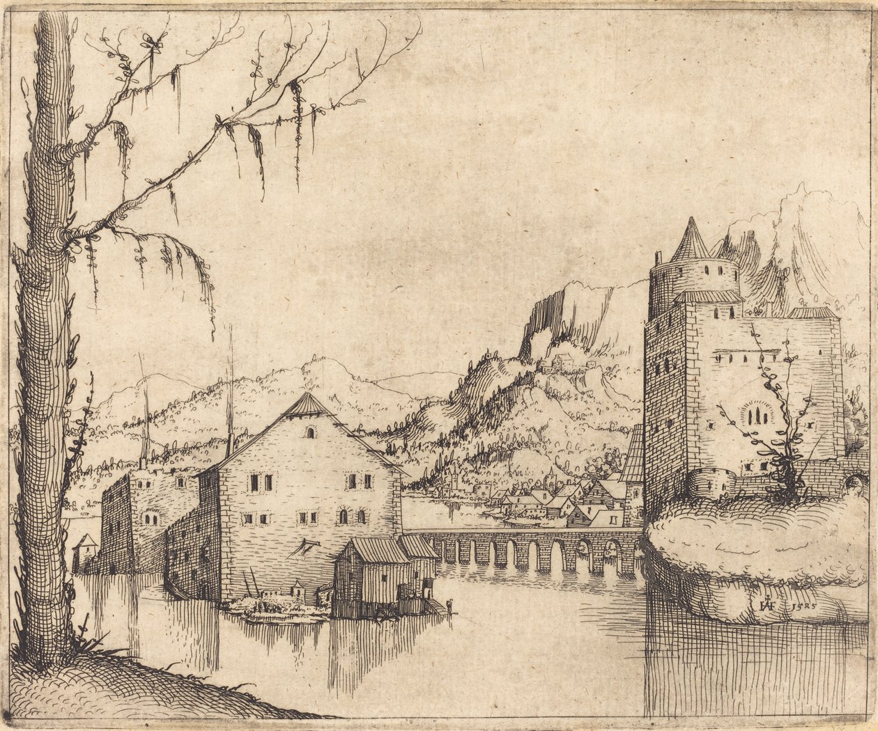 İki Binalı Nehir Manzarası by Augustin Hirschvogel