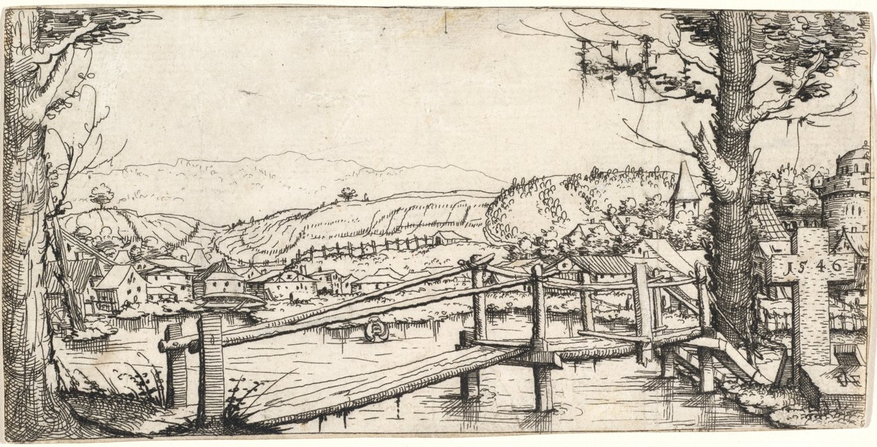Bir Yaya Köprüsü ile Nehir Manzarası, 1546. by Augustin Hirschvogel